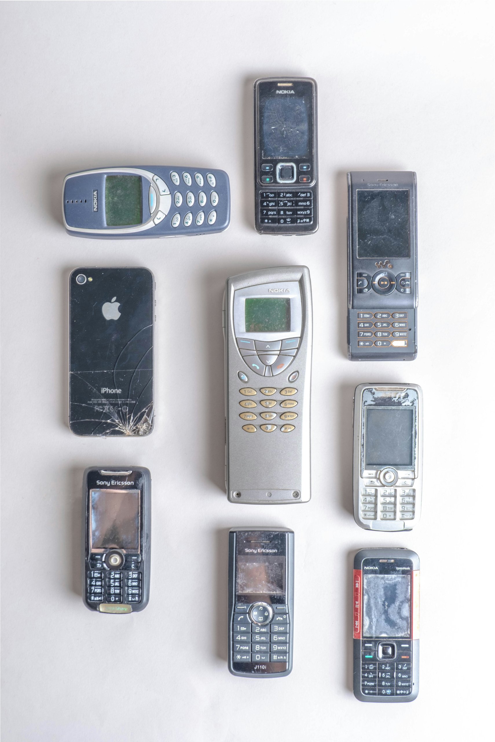 A flat lay of vintage phones. A flat lay of vintage phones.